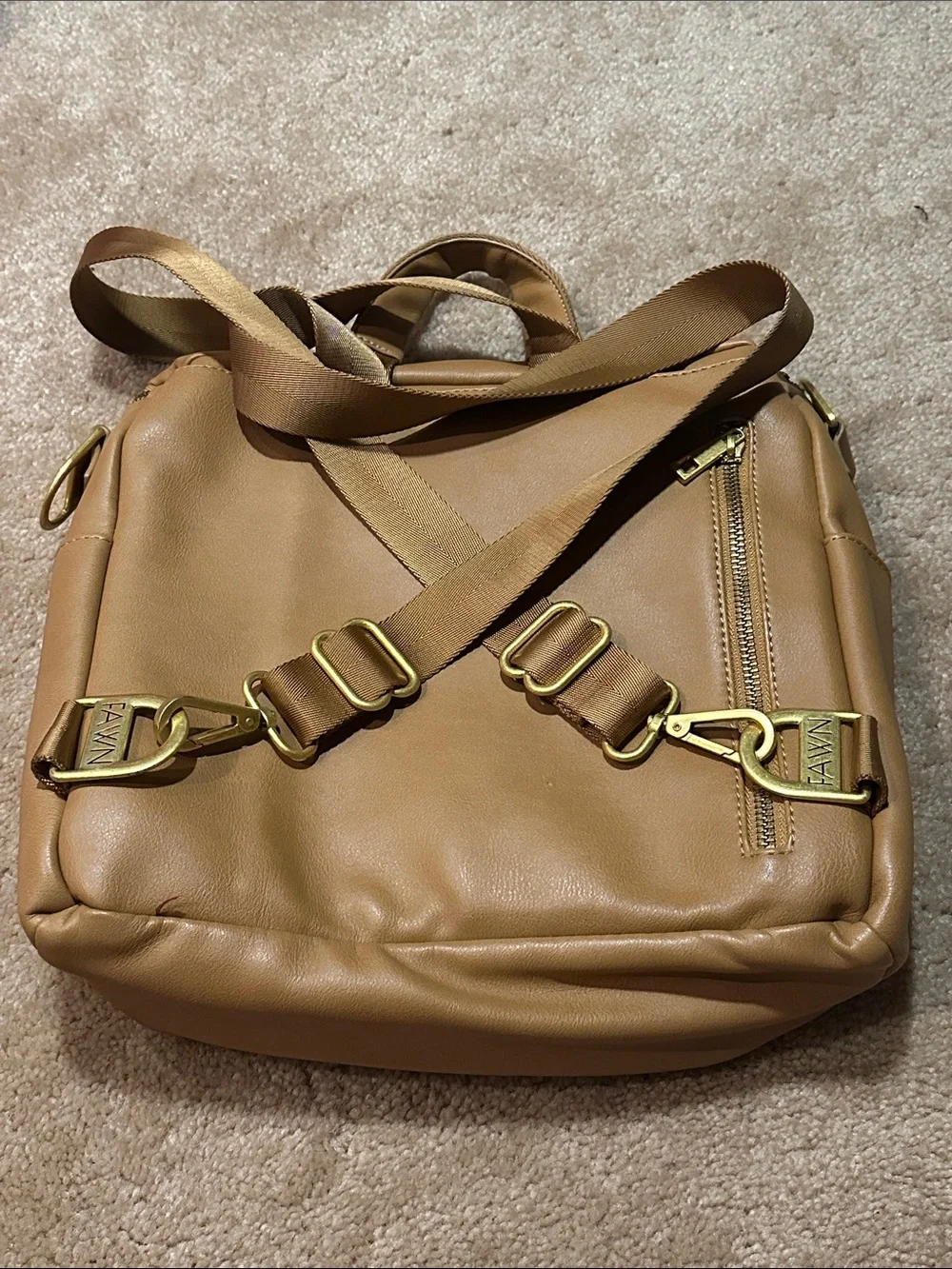Fawn Design Tan Leatherette women's Sling Backpack